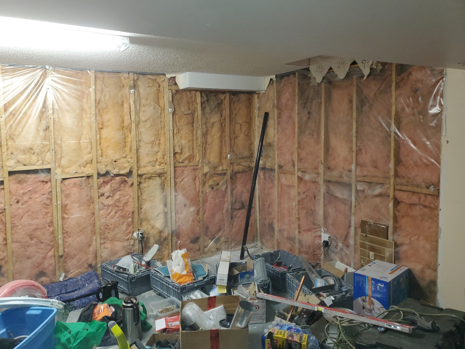 Existing insulated walls exposed during strip-out