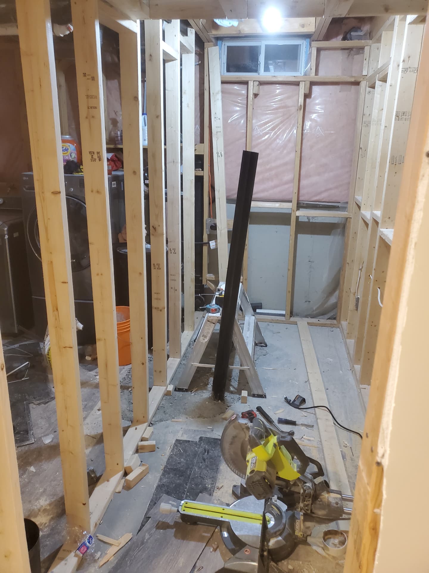 New interior wall framing laid out for the basement bathroom