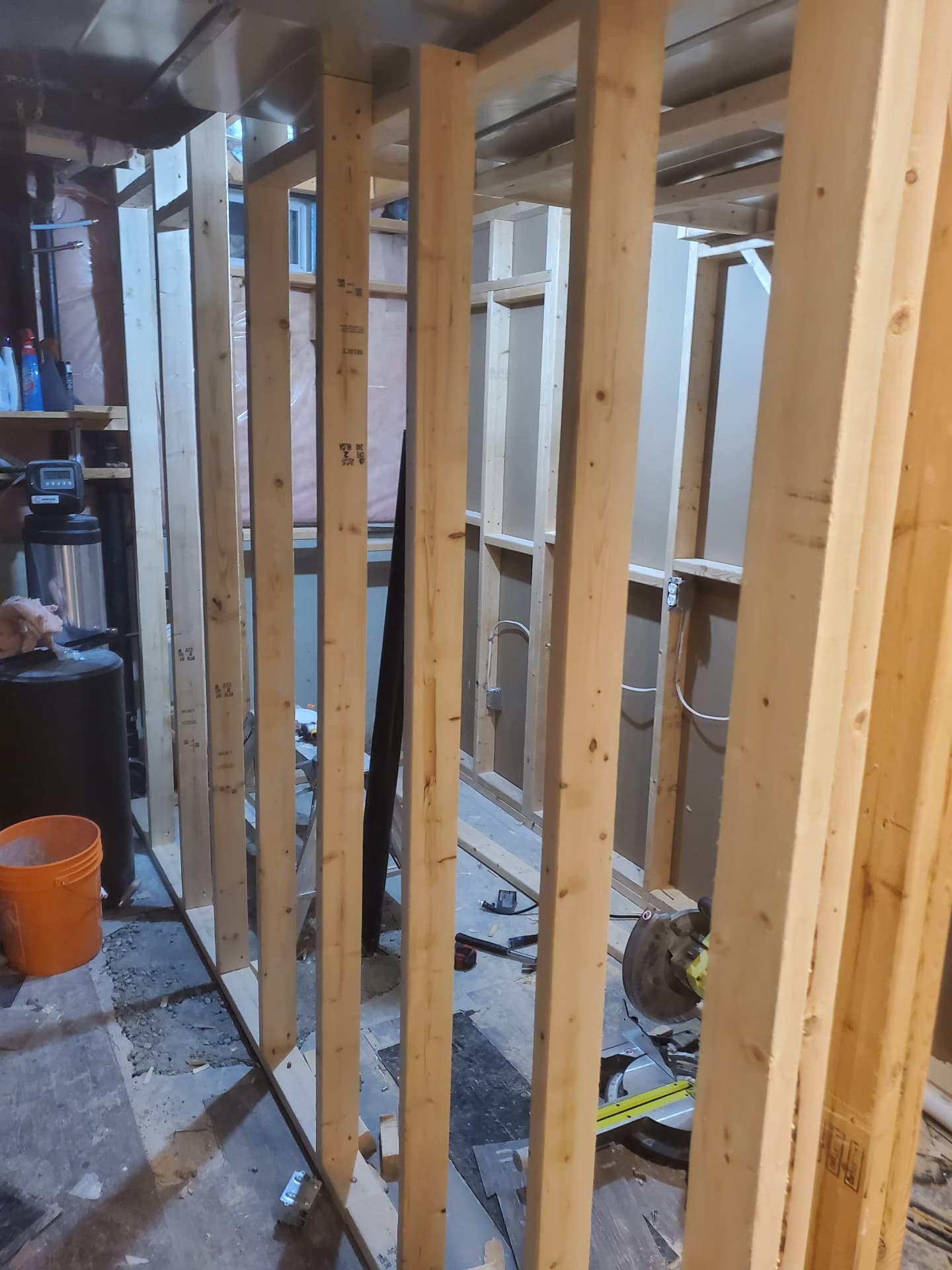 Framed partitions with electrical rough-in and insulation in place