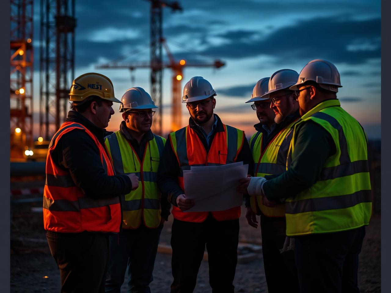TSC site team reviewing drawings at dusk